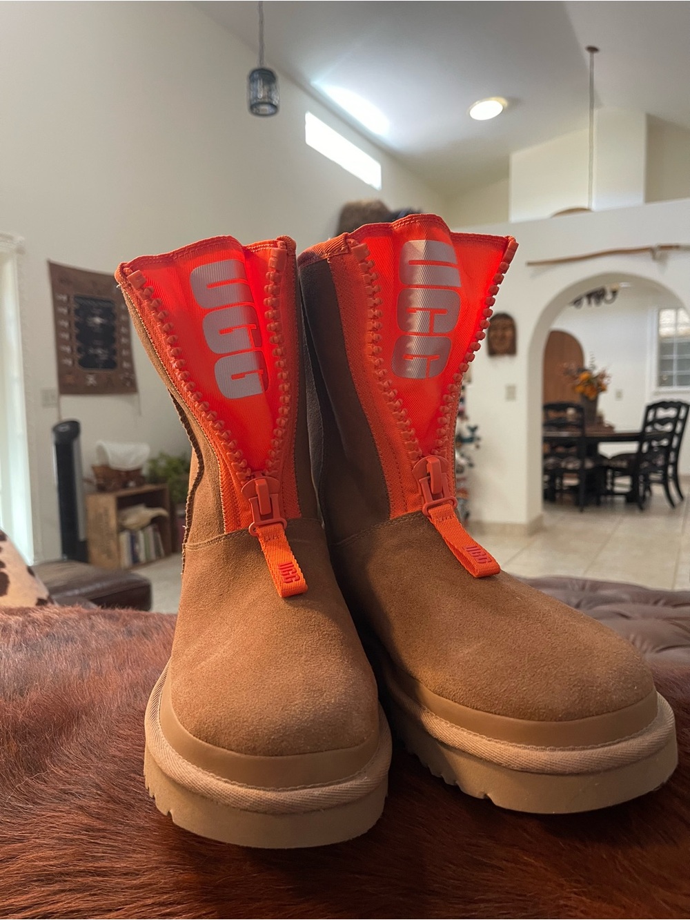UGG Women's Tan Suede Boots with Bright Orange Zip Panel - Picture 3 of 11